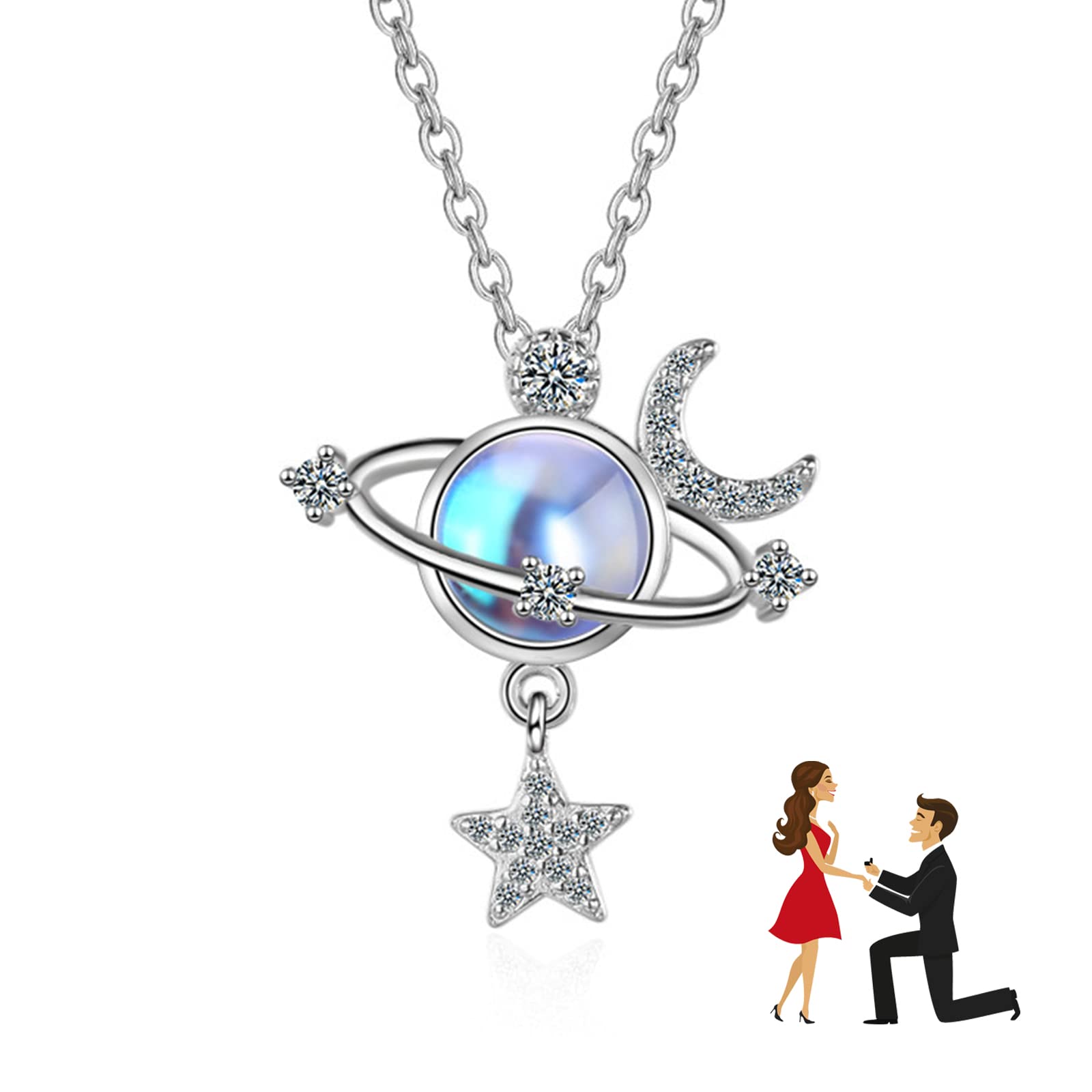 JUZICHENCollar de piedra lunar con colgante de estrella, Collar de plata 925 para Mujer niñas, Planet Cosmic Collares, Con caja de regalo, hipoalergénico Collar Saturno Luna
