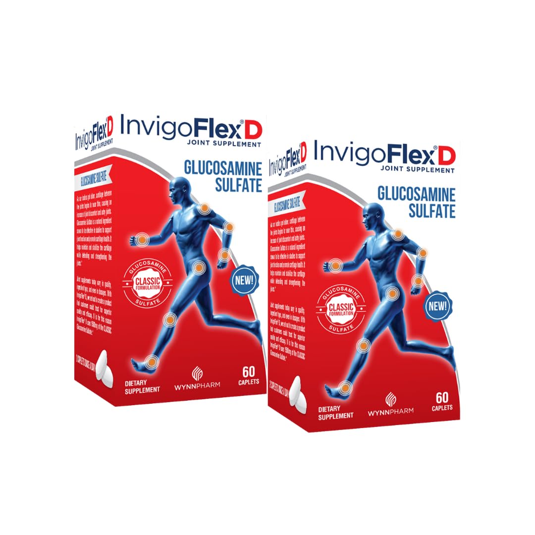 INVIGOFLEX® D - 1500mg of Glucosamine Sulfate (Classic Formulation) - Premium Joint Supplement for Knees, Hands, Back, & Hip Support D: Glucosamine Sulfate, Caplets - 60 Ct (Pack of 2) 60 Count (Pack of 2)