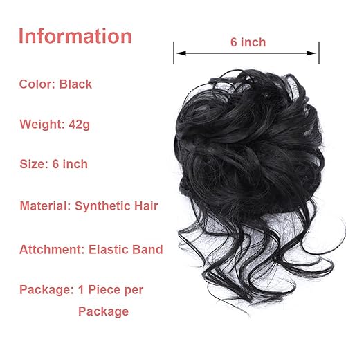 Miniatura 3 de KETHBE Moño desordenado, extensión de moños de pelo despeinado, banda elástica para el cabello, moño rizado para mujeres (negro)
