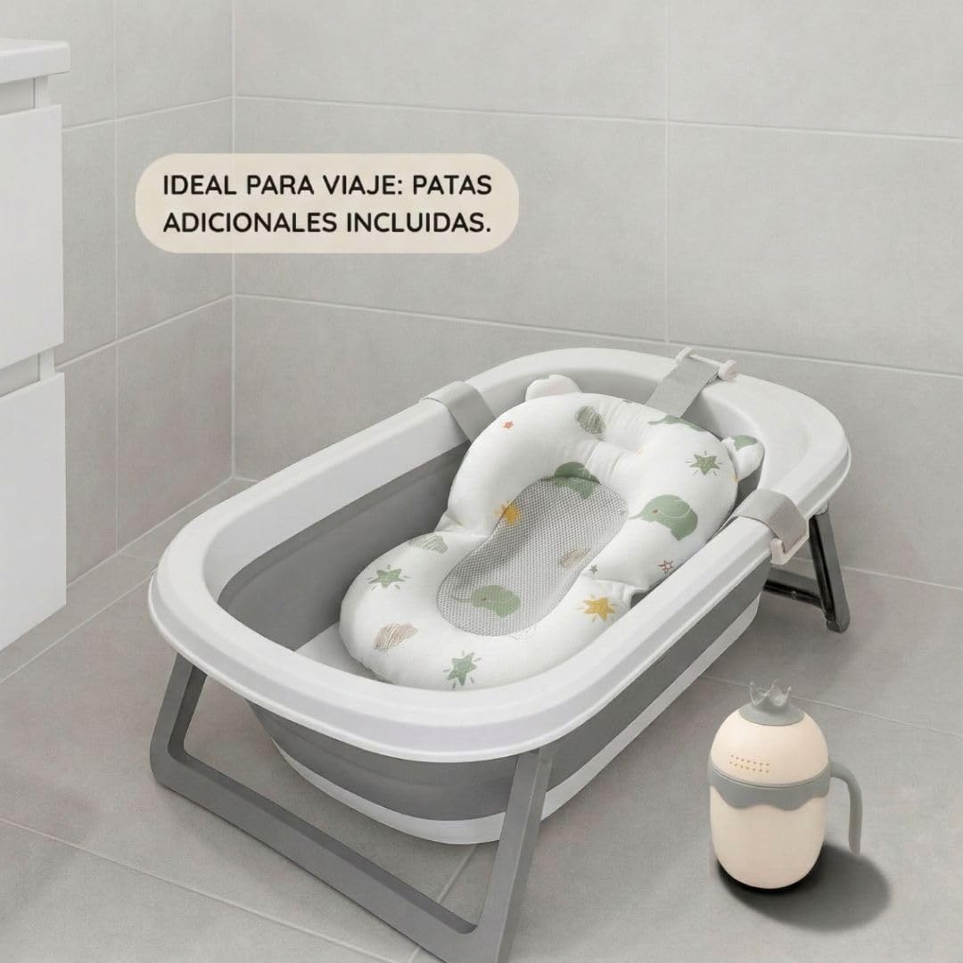 Bañera Plegable de Bebé con Soporte Patas Antideslizantes | Portátil | Tubo Desagüe | Cesta para Juguetes y Organizador para Champú | Ligera, Compacta y Segura para Baño (Gris Cojín Regadera)