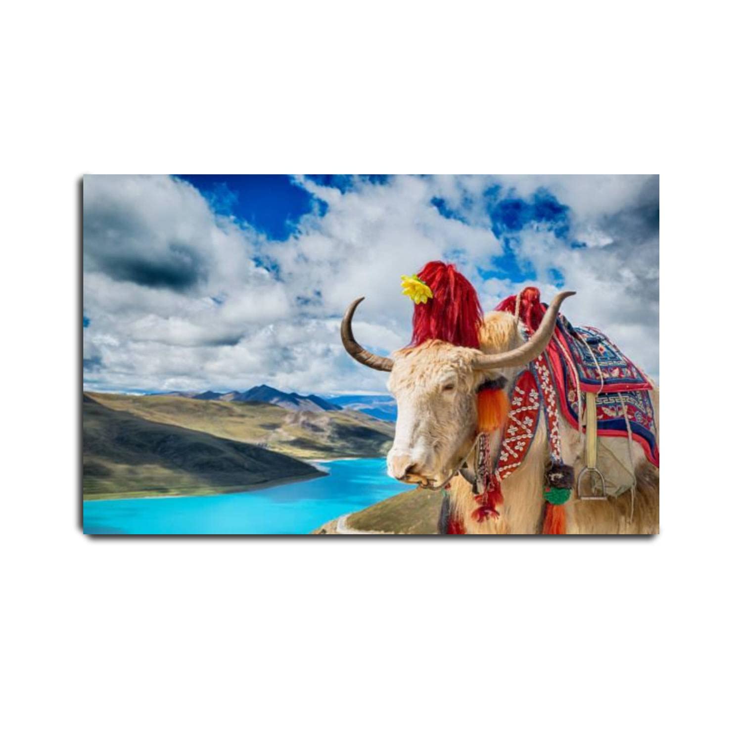Canvas Print Pictures Wall Art Painting Decorated Yak Above Yamdrok Lake Tibet Framed & Stretched Posters Ready to Hang Home Decor Artworks - 20x32inch