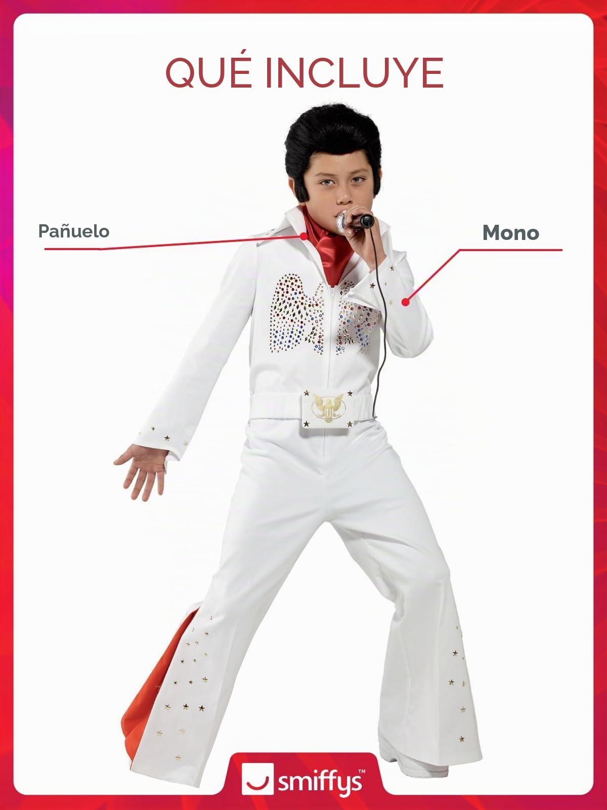 Smiffys Disfraz de Elvis, Blanco, con mono y bufanda Halloween, Carnaval