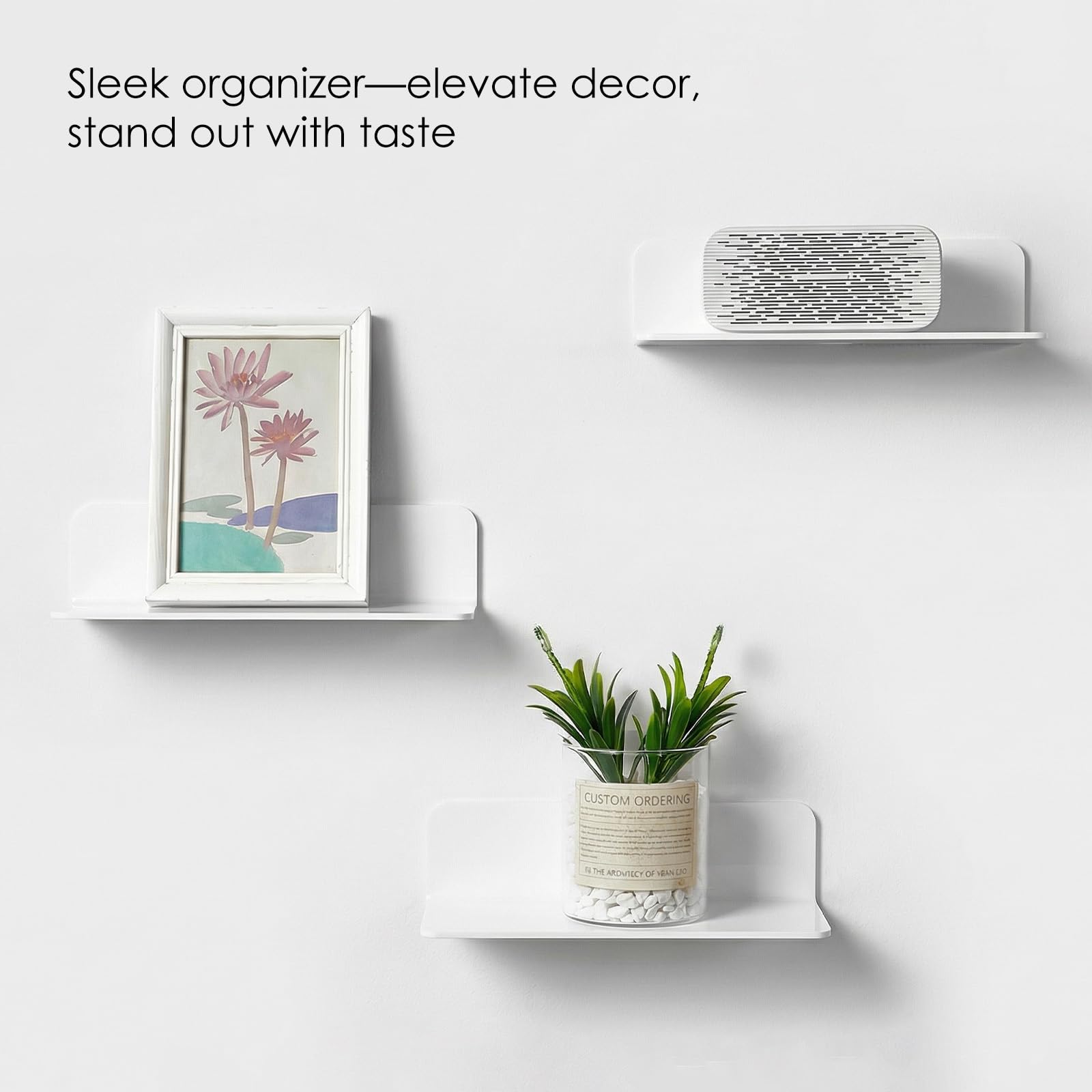 OAPRIRE Estanteria Pared Blanca Juego de 2, 23cm Baldas Pared Sin Agujeros de Acrílico con Clips Cables para Dormitorio, Baño, Cocina, Sala de Estar, Oficina, Amplíe Fácilmente El Espacio de la Pared