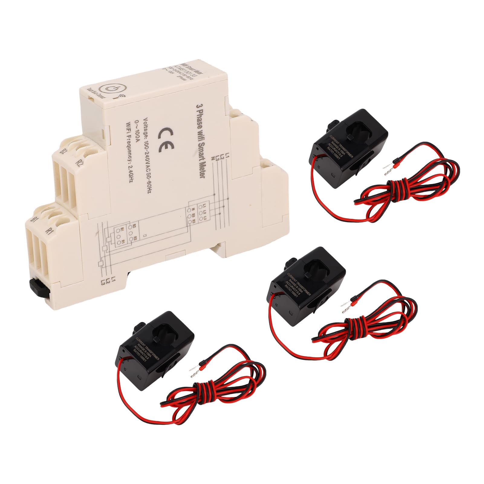 CHICIRIS Monitor de Energía WiFi Inteligente, Medidor de Potencia de Carril DIN Trifásico 0-100A con Sensores de Corriente de 3 Piezas, para Control de Aplicaciones en Tiempo Real de