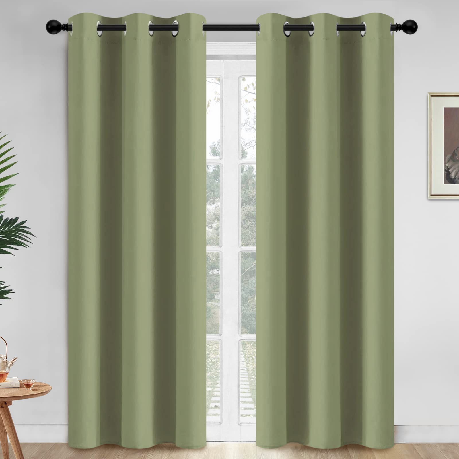 Yakamok 84 Inch Length Blackout Curtains for Bedroom, Thermal Insulated Room Darkening Grommet Solid Window Drapes for Living Room,42W x 84L,Sage