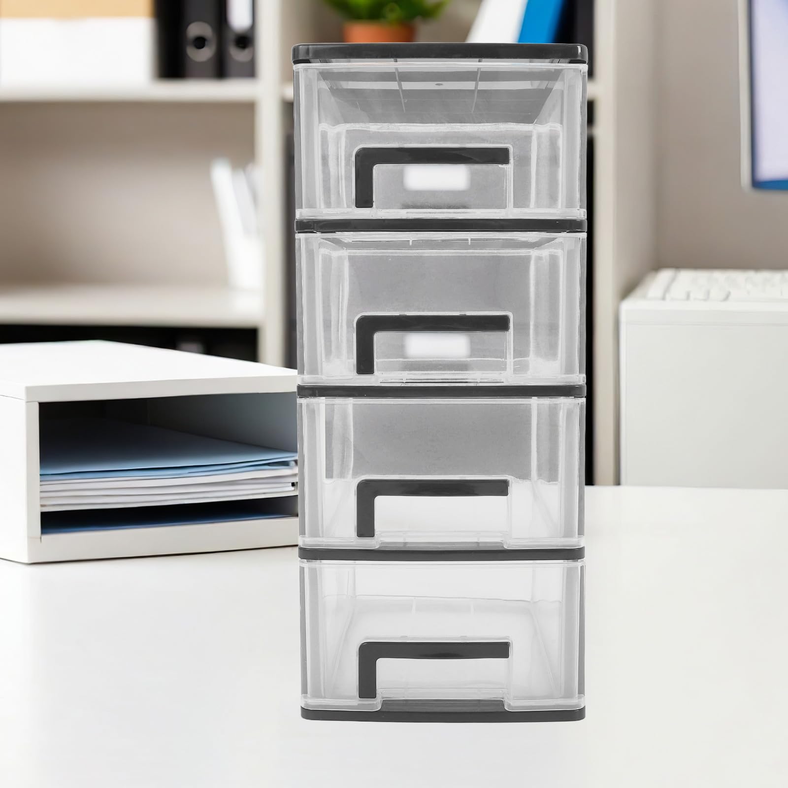 Organizer per cassetti in plastica PP nero, mobiletto portaoggetti a quattro livelli, box compatto per piccoli spazi, per ufficio e soggiorno