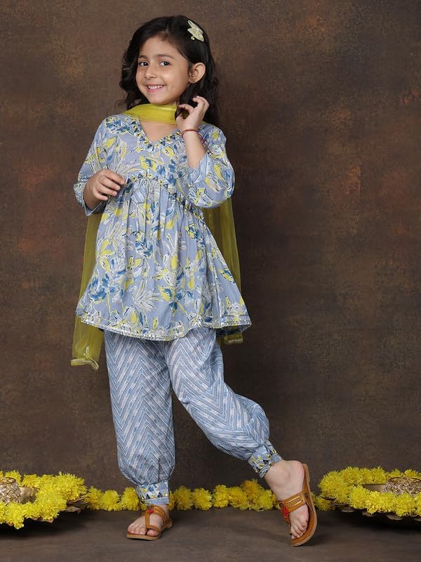 Superminis Girls Cotton Floral Printed Kurti Palazzo Style Salwar Set With Net Dupatta Kids Ethnic Wear Set
