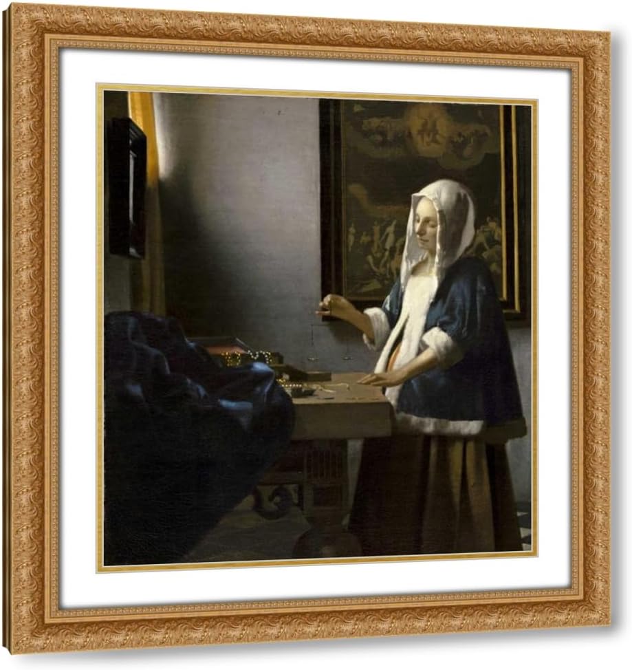 Vermeer, Johannes 20x22 Gold Ornate Frame and Double Matted Museum Art Print Titled Woman Holding a Balance
