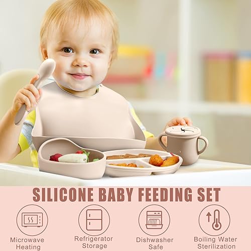 Miniatura 7 de Gejoy Paquete de 12 suministros de silicona para bebés, suministros de destete con ventosa, plato dividido, babero, cuchara suave, tenedor, utensilio