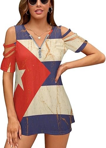 Camisa de manga corta con estampado de bandera de Cuba en papel arrugado para mujer, con hombros descubiertos, casual, cuello en V, con cremallera,