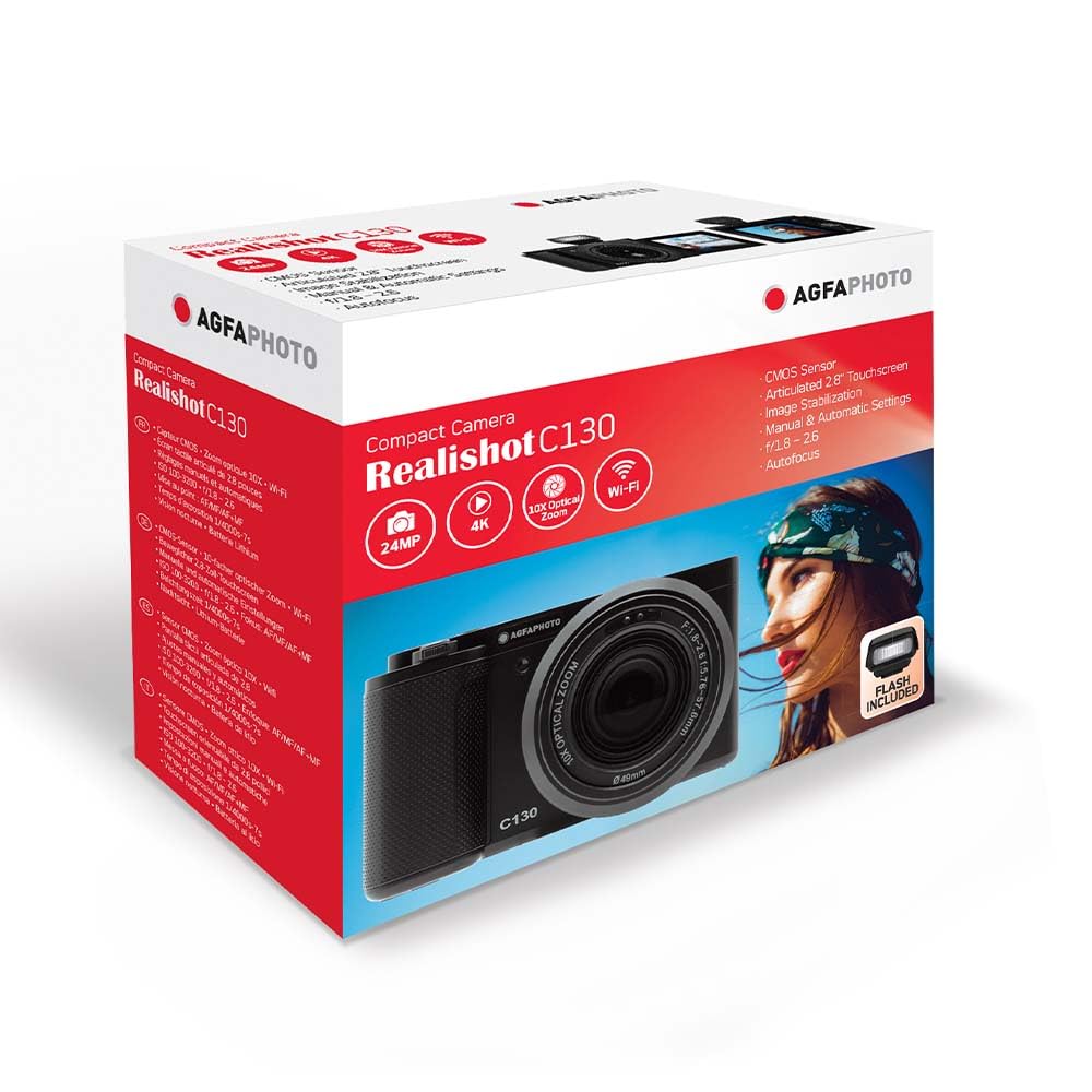 AgfaPhoto Realishot C130 - Cámara digital compacta de 16 MP con sensor CMOS, pantalla táctil LCD de 2,8", estabilización de imagen, enfoque automático, zoom, batería recargable + tarjeta SD de 32 GB +