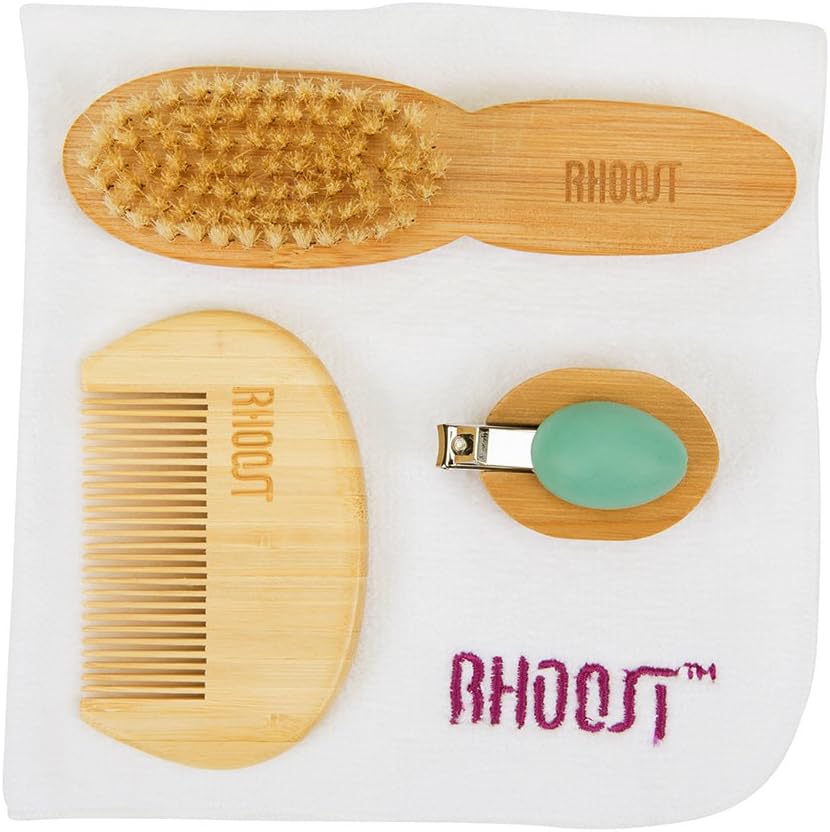 Rhoost All Natural Baby Grooming & Health Care Kit. Includes Bamboo Comb & Brush, Nail Clipper & Cotton Washcloth. Ideal for Infants & Toddlers