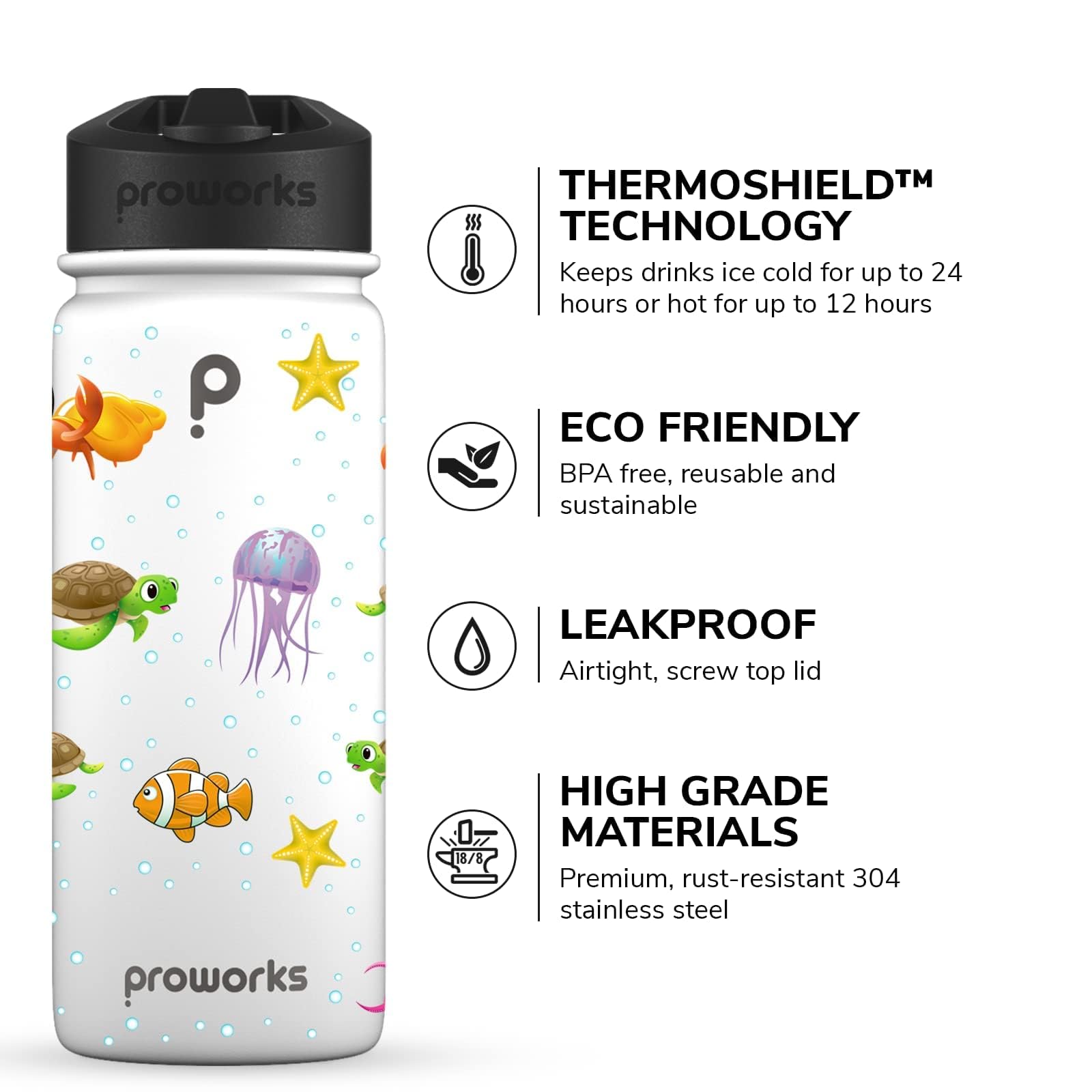 PROWORKS Gen 2 Borraccia Termica con Cannuccia | 1L Bottiglia Acqua in Acciaio Inox | Bevande Fredde 24 Ore e Bevande Calde 12 Ore, Sport, Lavoro, Palestra - Bianco Puro - sotto Il Mare
