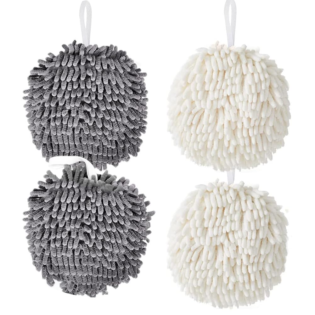 Losueeun Grey/White 4 Pieces Hanging Chenille Towels Hanging Absorbent Soft Towel Ball Towel
