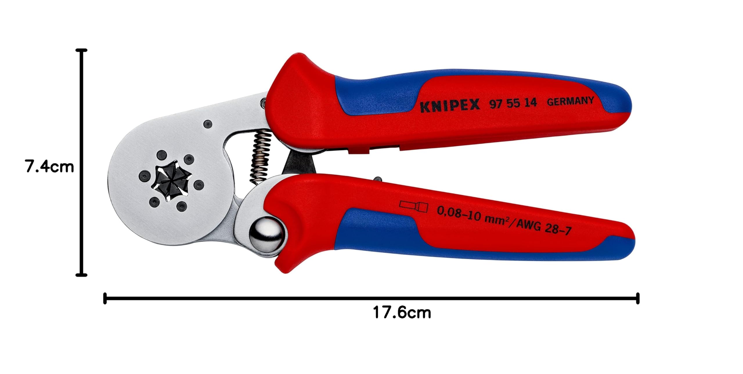 KNIPEX Samonastawne szczypce do zagniatania tulejek kablowych z ładowaniem bocznym chromowany z osłonkami wielokomponentowymi 180 mm, 97 55 14 SB