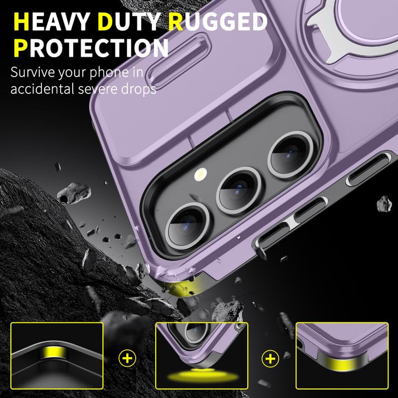 Image of LuxuryKase Shockproof Rugged Case for Samsung Galaxy S25 Plus | Slide Camera Cover | 360 Rotating Ring Kickstand | Military-Grade Protection - Lavender Purple