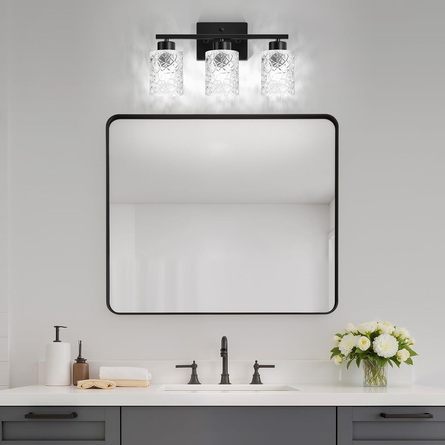 Black Bathroom Light Fixtures, 3-Light Modern Bathroom Vanity Wall Light, Vanity Lights for Mirror, Wall Sconces with Clear Textured Glass (E26 Socket, Bulbs Not Included)