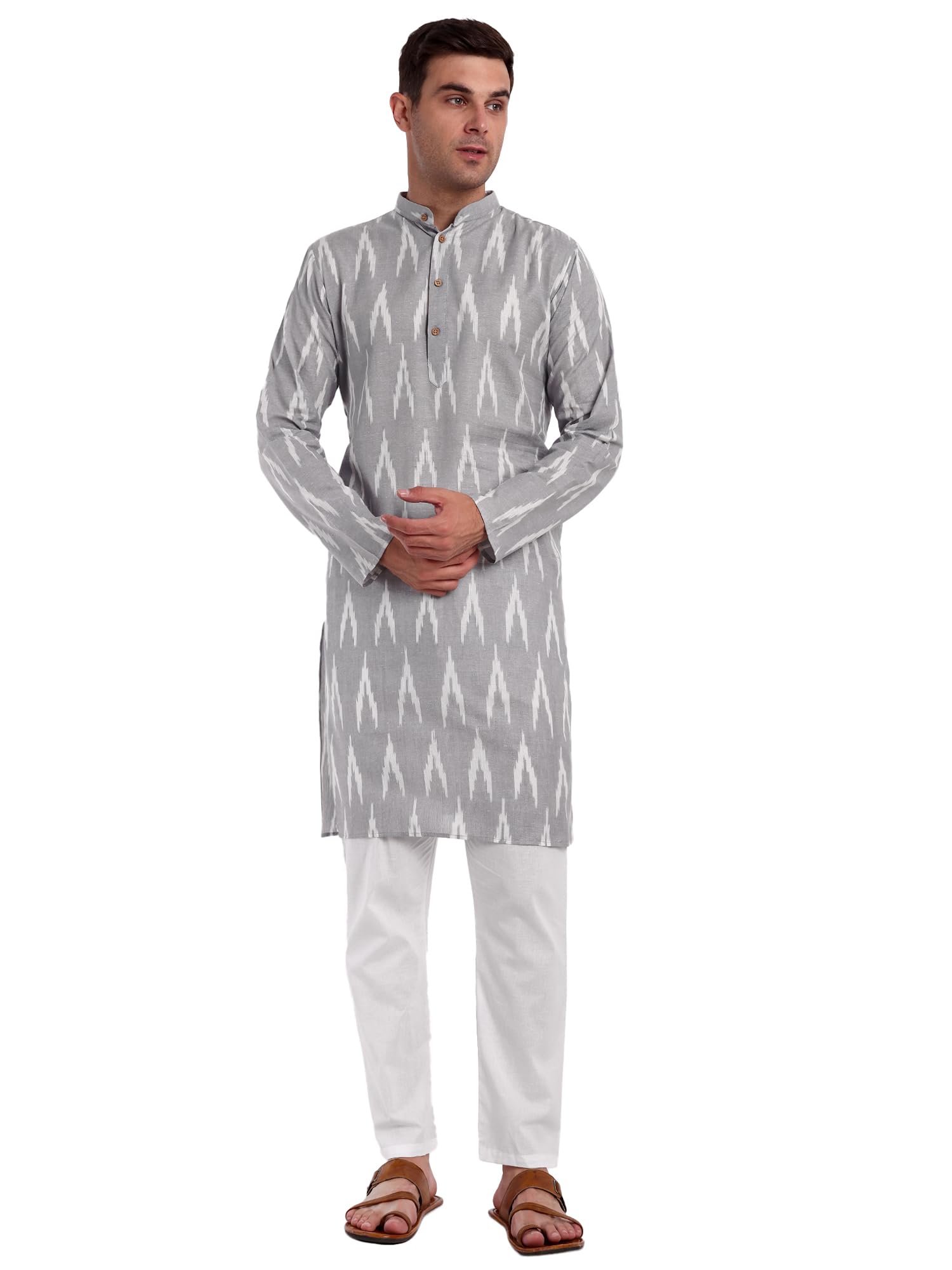 SKAVIJ Herren Ikat Kurta Pyjama Set – Langarm Indisches Outfit aus Baumwolle – Traditionelle Tunika mit Hose für Feste & Alltag