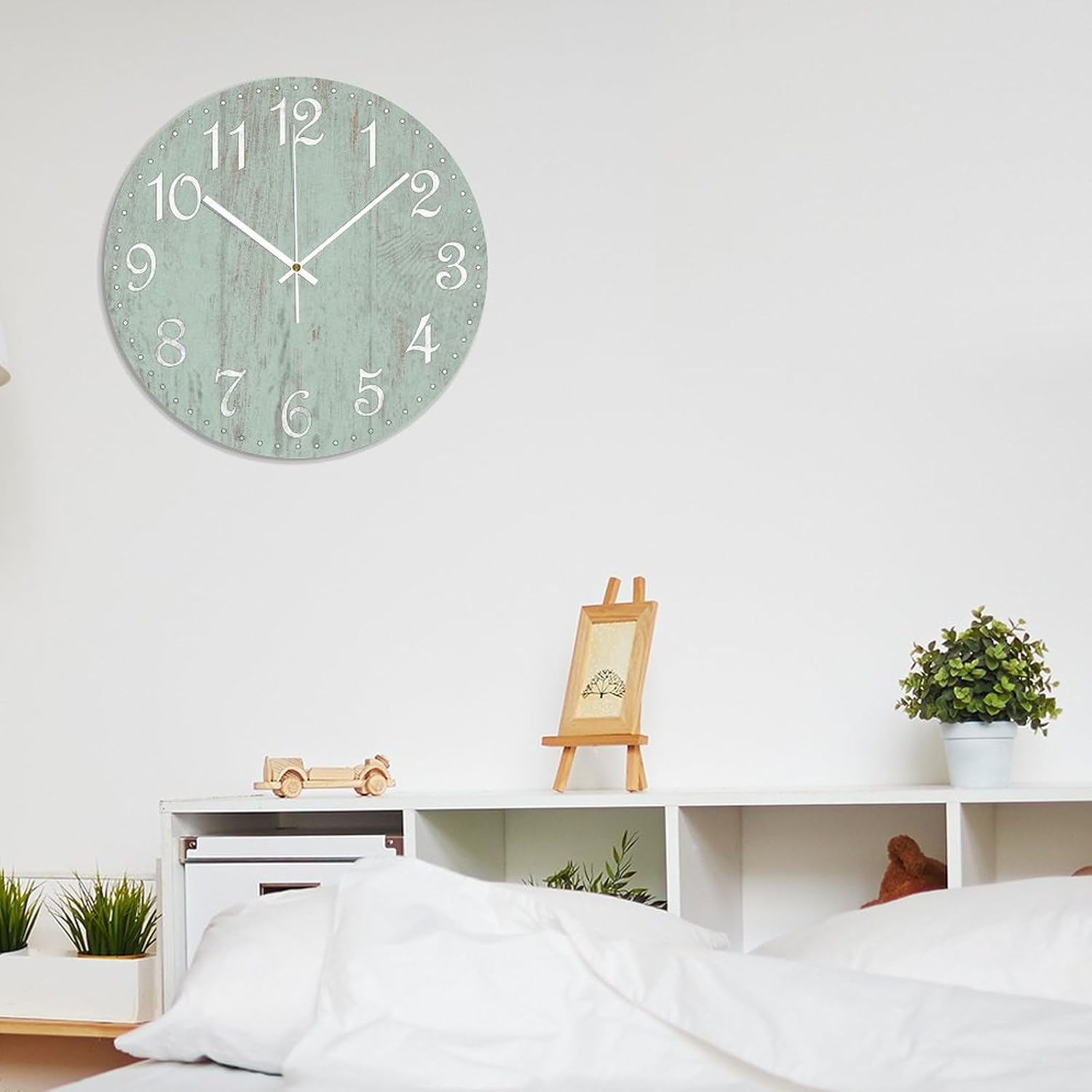 Wall Clock Silent Non Ticking Wooden Clocks Seafoam Green Clock Battery Operated 15in, Round Farmhouse Clock, Rustic Clocks Decor for Home Kitchen Office