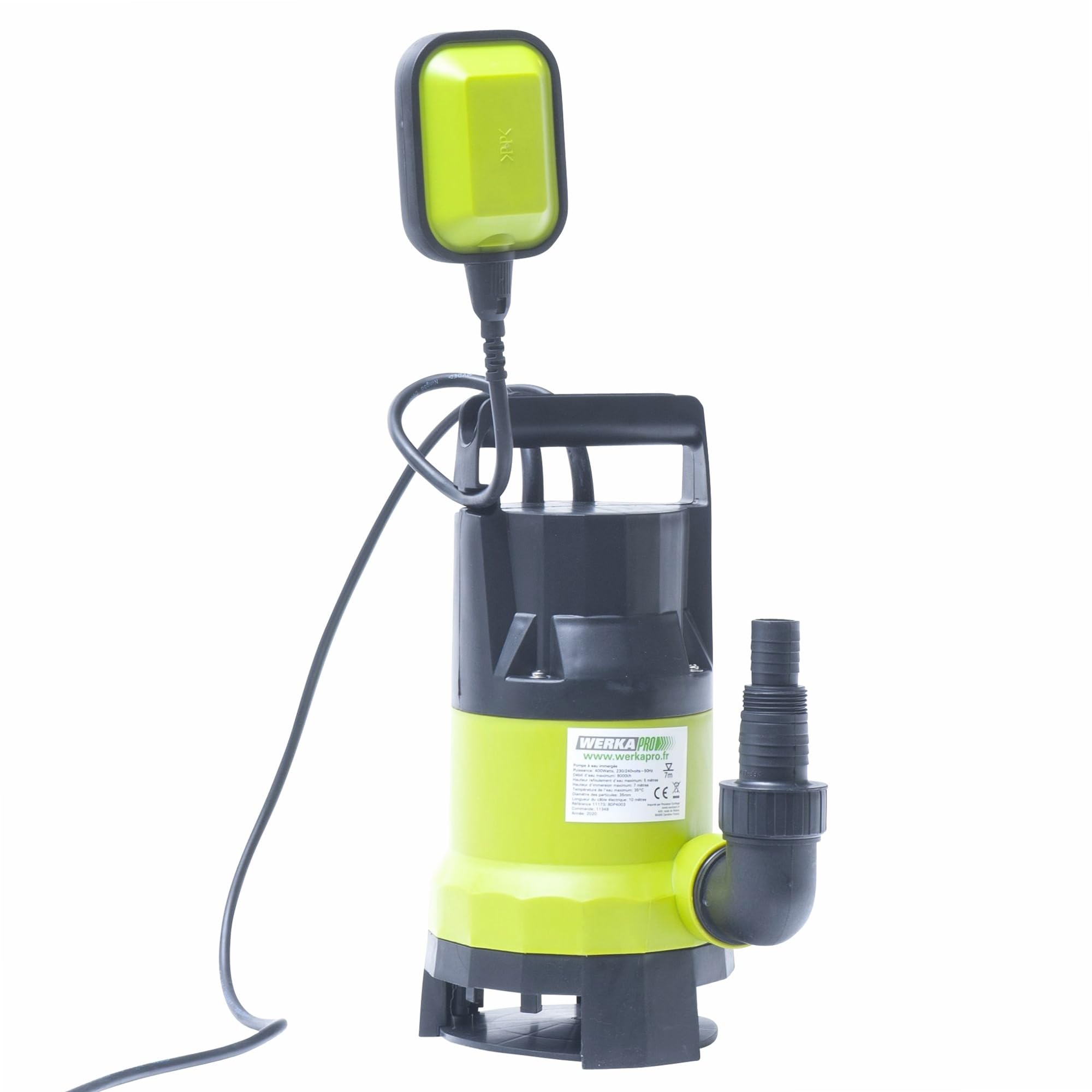 WERKA PRO Pompe Immergeée Tout Usage 400W avec Flotteur - Débit Max 8000 L/H - Refoulement 5 m - Gestion Impuretés Ø 35 mm -