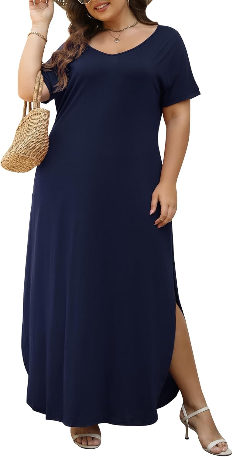 Nemidor Plus Size Maxi Dresses for Curvy Women Casual Summer Slit Loose Short Sleeve Long Dress with Pocket 14-26