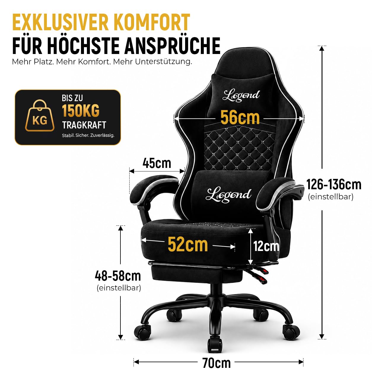 Gaming Stuhl Gamer Sessel - Tech-Stoff, hochdichter Schaum, Taschenfederung, 150 kg, mitlaufende Armlehnen, verstellbare Rückenlehne (90-135°), Fußstütze, Schwarz