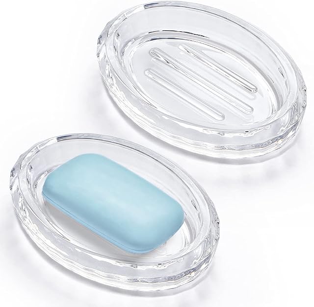 MDLUU 2 Pcs Glass Soap Dishes, Clear Bar Soap Holders, Oval Soap Trays for Bathroom, Showers, Kitchen Sink