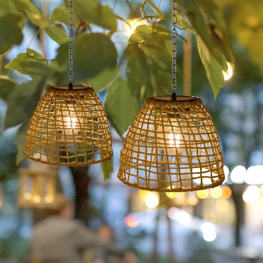 Outdoor Solar Hanging Lantern, Natural Seaweed Rattan Bamboo Hand-Woven Pendent Chandelier Light Edison Bulb Design Outdoor Decoration for Garden Patio Hallway Gazebo