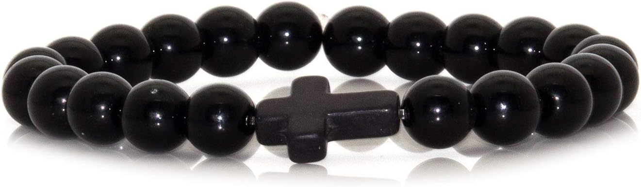Fashion Religious Cross Bracelet 8mm Tiger Eye Turquoise Beads Elastic Bracelet,7 1/2 wrist