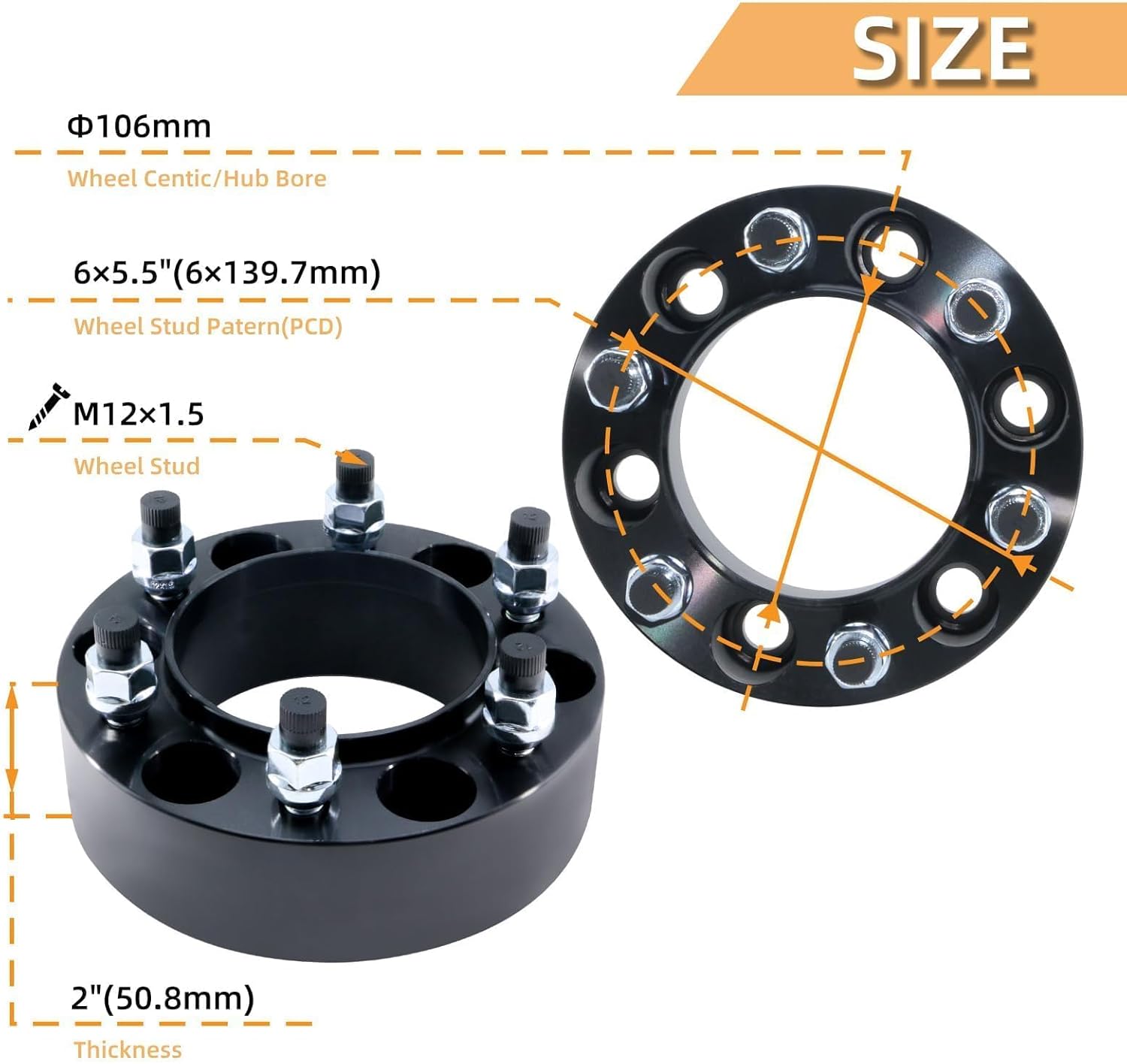 2.0" 6x5.5 Wheel Spacers M12x1.5 Hub Bore 106mm 50mm Hub Centric, Fit for 1996-2024 Toyota 4Runner, 2002-2024 Tacoma, 2002-2006 Tundra, 2007-2014 FJ Cruiser, 2001-2007 Sequoia, 03-23 Lexus GX460 GX470
