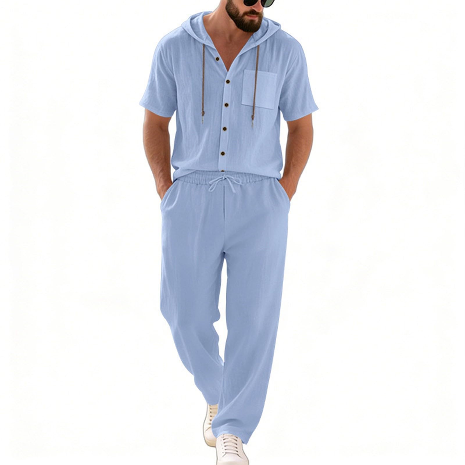 Sommeranzug Herren Leicht Leinen Set Kurzarmhemd Und Hose Sommer Outfit Set 2 Teiliges Strandanzug Einfarbig Casual Hawaii Kostüm mit Kapuze Freizeitanzug Leinenanzug