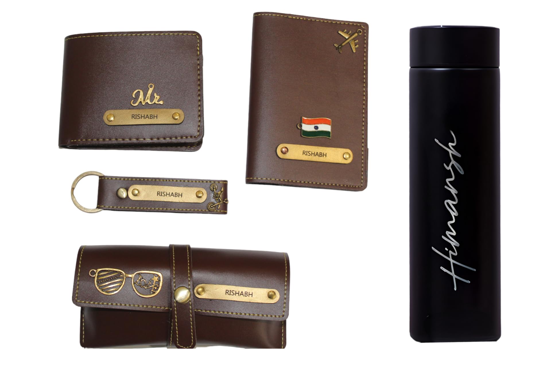 Shopforu Customized Leather Men's Gift Combo Set | Wallet-Keychain-Passport-Cover & Sunglass-Holder-Cover (Combo 4 Set) | Personalized Valentine's Day Gift for Boyfriend and Husband (Brown)-image-14