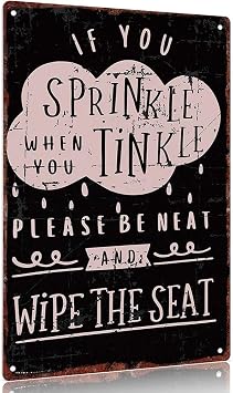 Vintage metal sign "Sprinkle When You Tinkle Decorative Sign - Funny Bathroom Wall Art for Kids Bathrooms, Restrooms, or Guest Bathrooms - Aluminum Material - 12x8 inch"