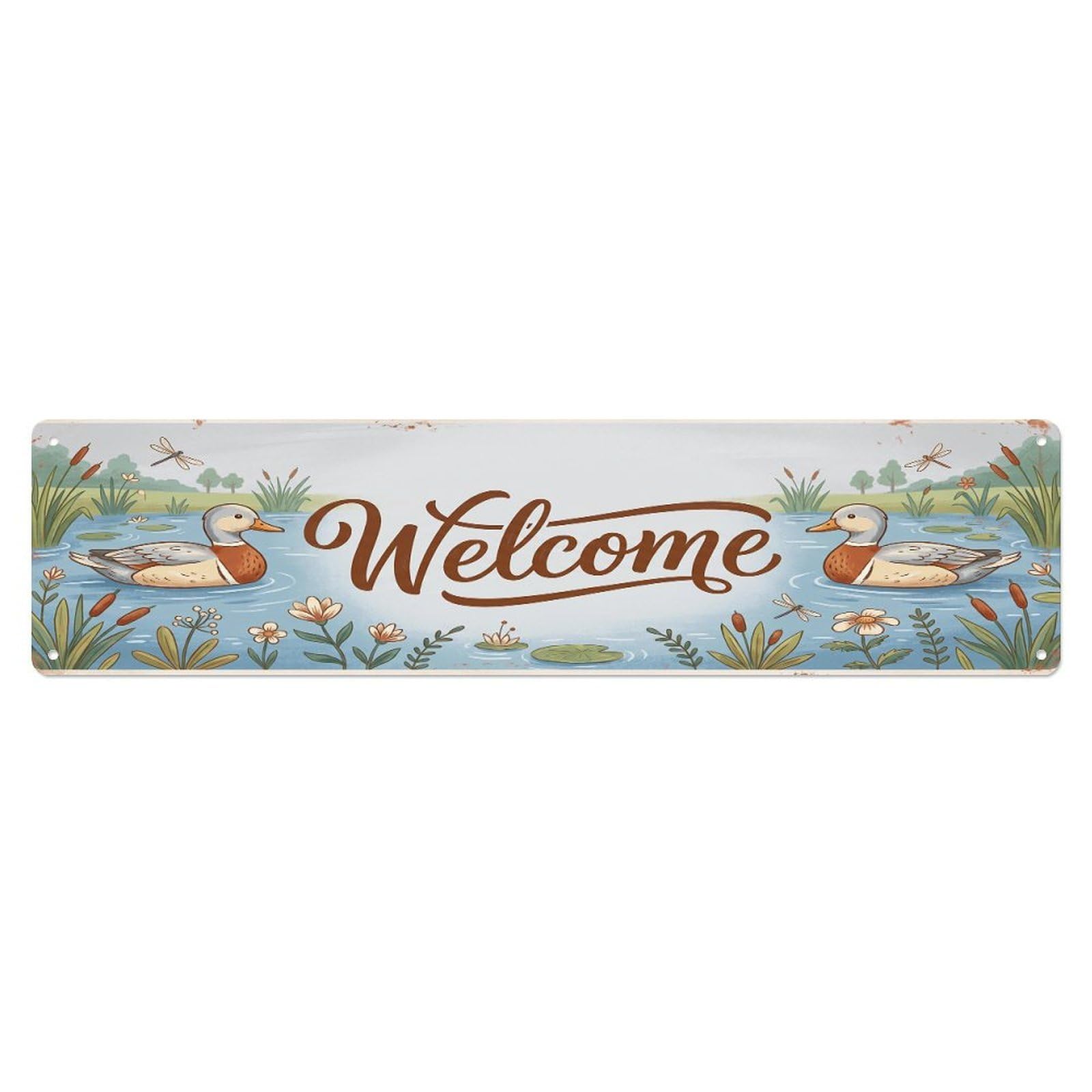 Cxhjca 4X16inch(10X40cm) Vintage Welcome Welsh Harlequin Duck Metal Tin Sign