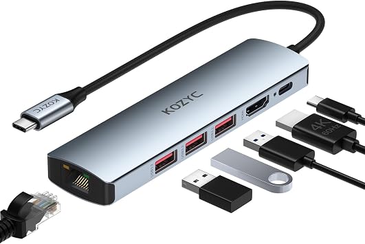 محول USB C Hub Ethernet Multiport ، KOZYC 6 IN 1 USB C إلى HDMI Dock مع HDMI 4K 60Hz ، 1Gbps RJ45 Ethernet ، 3 منافذ بيانات USB 3.2 ، 100W PD متوافق مع MacBook Air/Pro ، XPS13 / 15 ، Dell