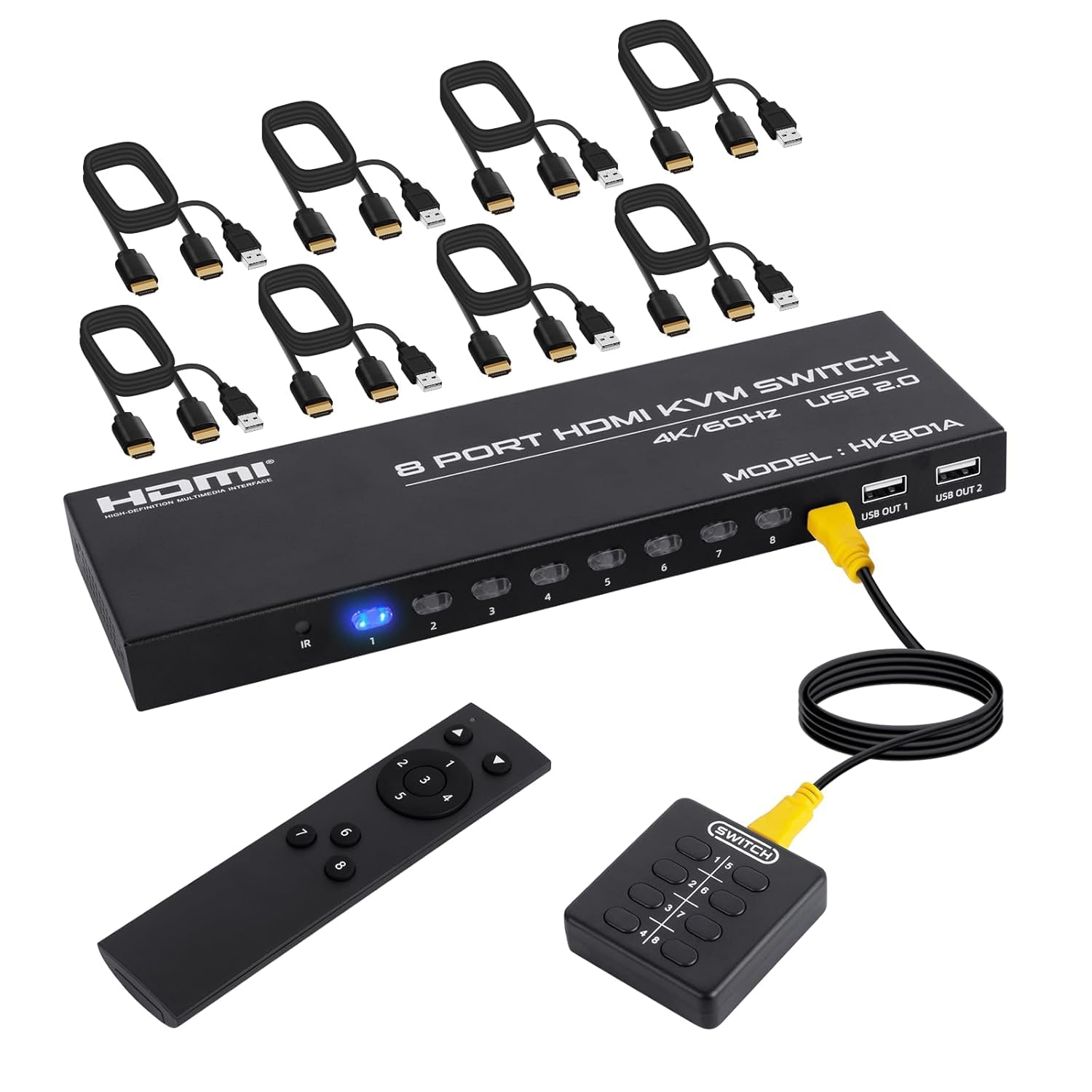 8 Port HDMI KVM Switch, 4K@60Hz HDMI KVM Switch for 8 Computers Share 1 HD Monitor and 4 USB Devices, Including 8 HDMI Cables and Remote Control