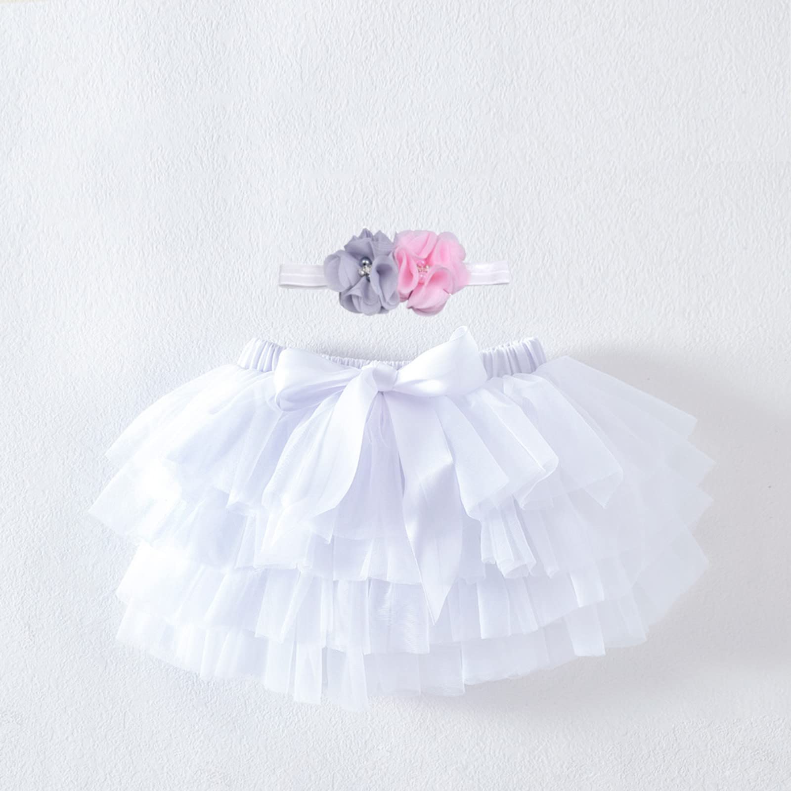 Baby Girl Mesh Tutu Skirt Toddler Girl Layered Ballet Tulle Skirt with Headwear Birthday Carnival (White, 12-24 Months)