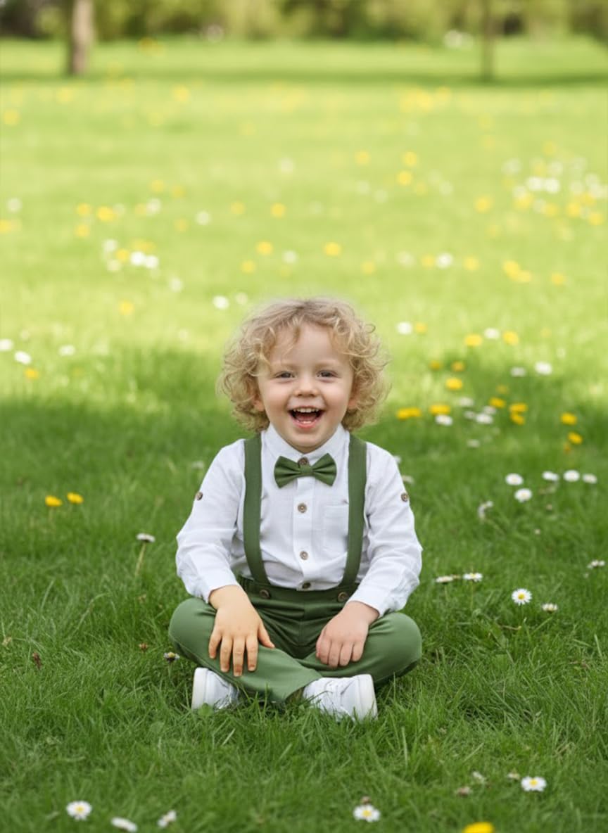 Volunboy Tenue formelle à bretelles en coton et lin pour bébé garçon avec nœud papillon et manches longues