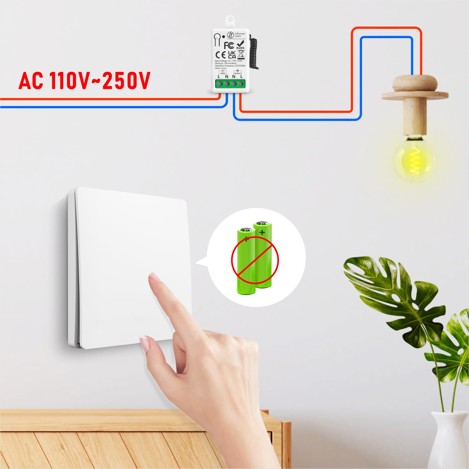 Interruptor De Luz Inalámbricas Autoalimentado, Tedeligo Sin Batería Interruptor A Prueba De Agua 220V 10A Relé Transmisor De Radio Rango De Control De 50M Para Iluminación De Lámpara (1 a 1)