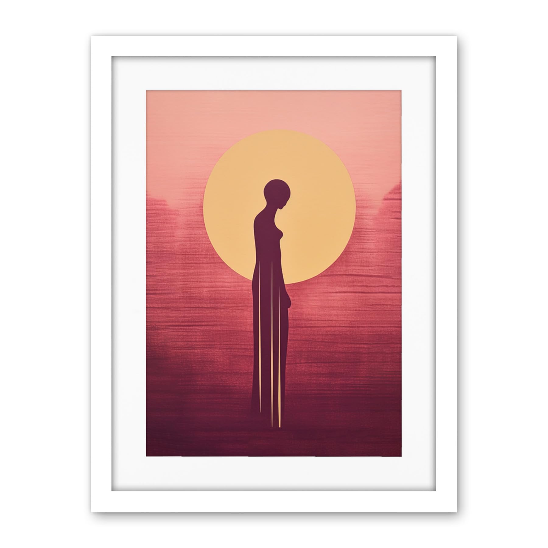 Artery8 Sunrise Solitude Minimalist Artwork Plum Pink Gold African Woman Silhouette in Golden Sun Halo Artwork Framed Wall Art Print 18X24 Inch