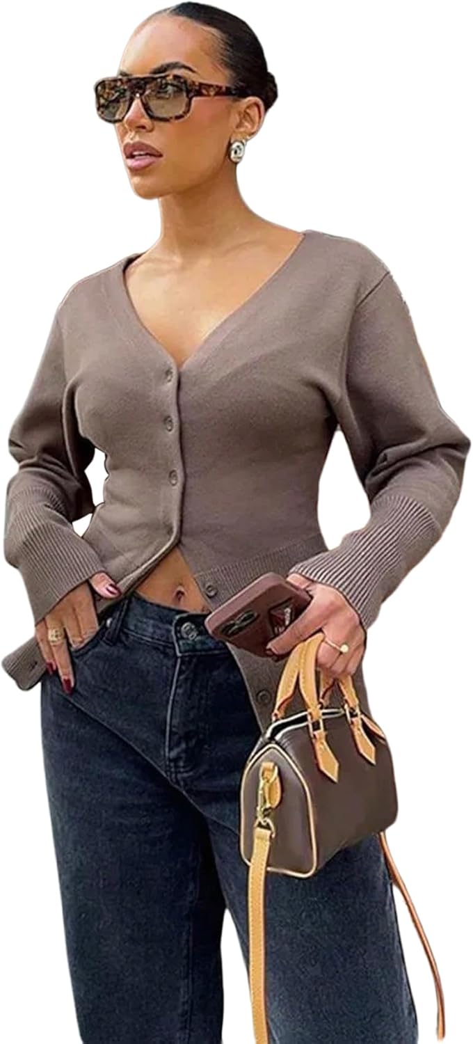 GORGLITTER Women's Button Up Cardigan Sweaters Cinched Waist Deep V Neck Fitted Knit Tops Spring Clothes Trendy 2026 - Image 4