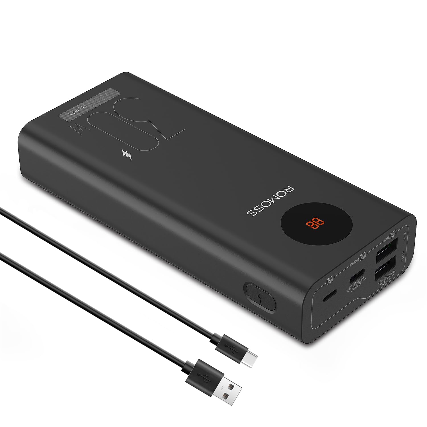 ROMOSS Power Bank, 20000mAh 3-Port Portable Charger with Fast Charging, Large Capacity Battery Pack, PD30W Two-Way Wired Fast Charging, Smart Digital Display, Suitable for iPhone 12-16, etc.
