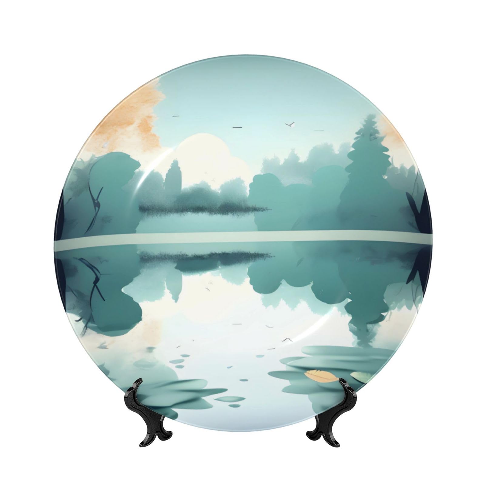 SXZVVBN Fallen leaves on a tranquil lake Bone China Decorative Plate Art with Stand Removable Adhesive Hanging for Home Office 7in