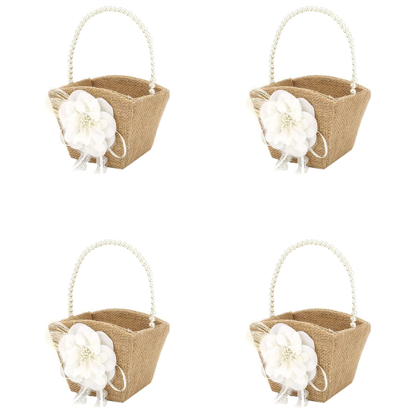 Hndhbfgrt 4X Flower Girl Basket Rustic Burlap for Vintage Rustic Wedding Party Flower Basket with Pearl Handle