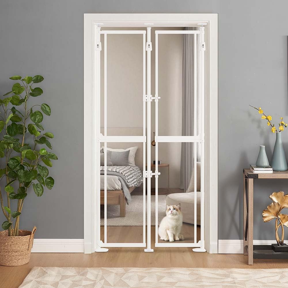 unipaws Transparent Clear Cat Safety Gate, 75"-98" Height and 35"-38" Wide Adjustable, Auto Closing and No Drilling Plus Stable 3 Support Pillars, Extra Tall for Doorway, Stairs, White