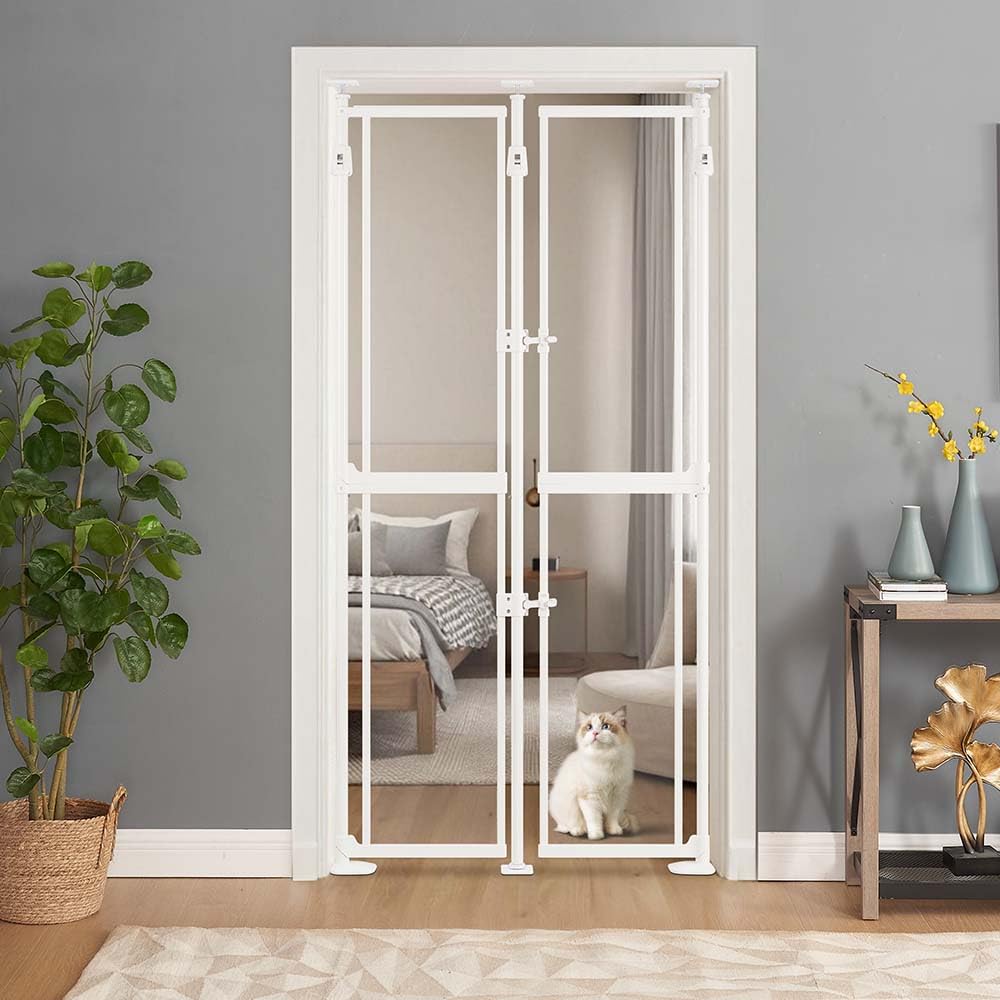 unipaws Transparent Clear Cat Safety Gate, 75"-98" Height and 36.2"-37" Wide Adjustable, Auto Closing and No Drilling Plus Stable 3 Support Pillars, Extra Tall for Doorway, Stairs, White