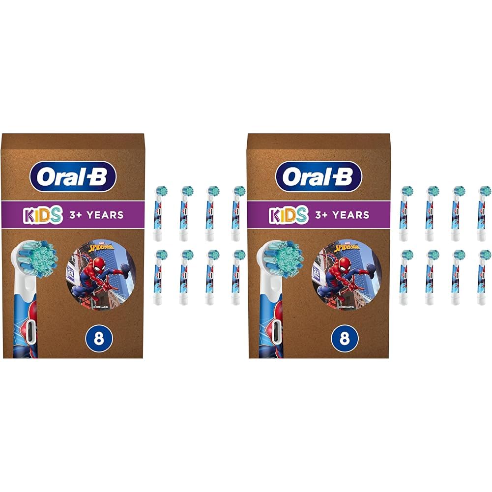 Oral-B Kids Spiderman Aufsteckbürsten für elektrische Zahnbürste, 8 Stück, extra weiche Borsten, Zahnbürstenaufsatz für Oral-B Zahnbürsten, für Kinder ab 3 Jahren, briefkastenfähige Verpackung