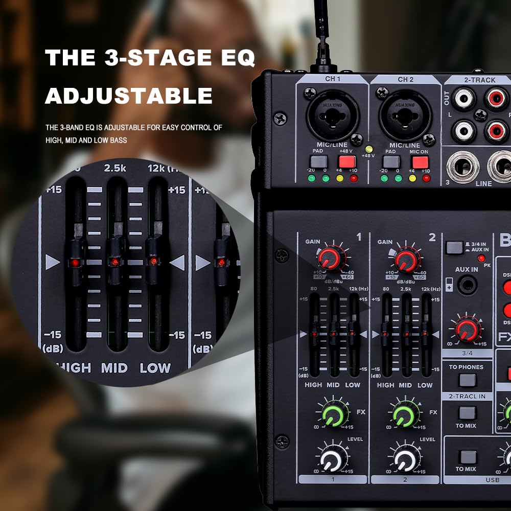 BOMGE Mixer audio karaoke 04E, mixer a 4 canali con doppio microfono wireless UHF, console audio MP3, Bluetooth 48 V, alimentazione phantom, interfaccia audio USB, mixaggio per DJ per feste, computer,