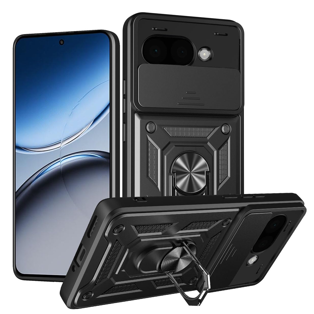 Case for Google Pixel 9A, Very Thin Shockproof Armor Silicone Case with Slide Camera Cover and Magnetic Ring Stand, PC+TPU Durable Case Black