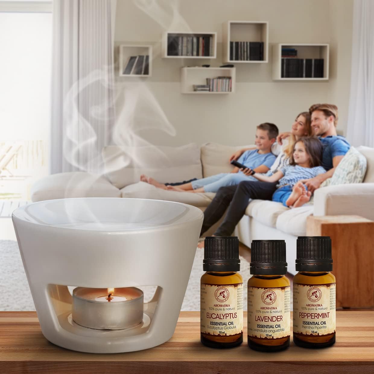 Aromatherapy Set - Oil Burner White & Essential Oils Set 3*10ml - Peppermint Essential Oil - Lavender Essential Oil - Eucalyptus Essential Oil - Ceramic Oil Burner - for Aromatherapy - 3 Candles Free